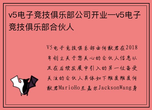 v5电子竞技俱乐部公司开业—v5电子竞技俱乐部合伙人
