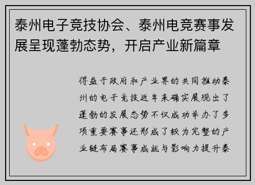 泰州电子竞技协会、泰州电竞赛事发展呈现蓬勃态势，开启产业新篇章